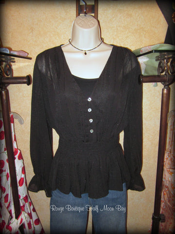 black, sheer v-neck top with 4 buttons, elastic waist, long sleeves with elastic cuff