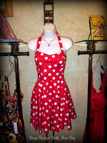 Retro red with white polka dots halter dress