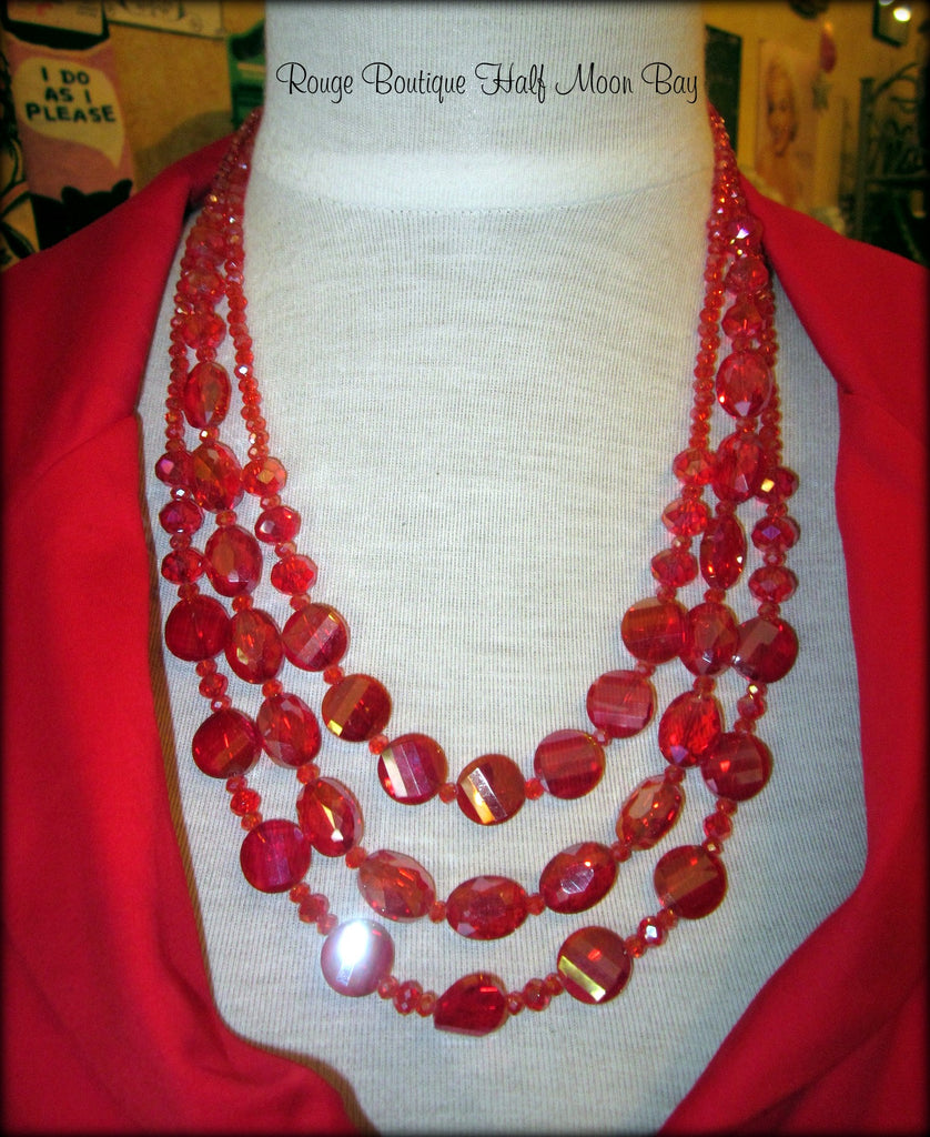 Red beaded necklace and earring set