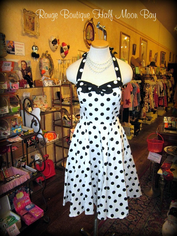 Black and White Polka Dot Halter Hostess Dress