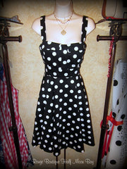 Retro Tie-back black with white polka dot dress (short style)