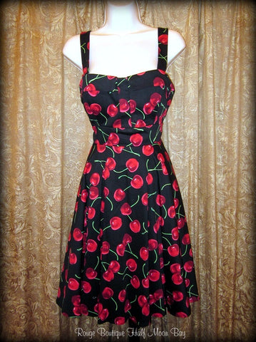 Retro tie-back Cherry Print Hostess dress (red cherries on black)