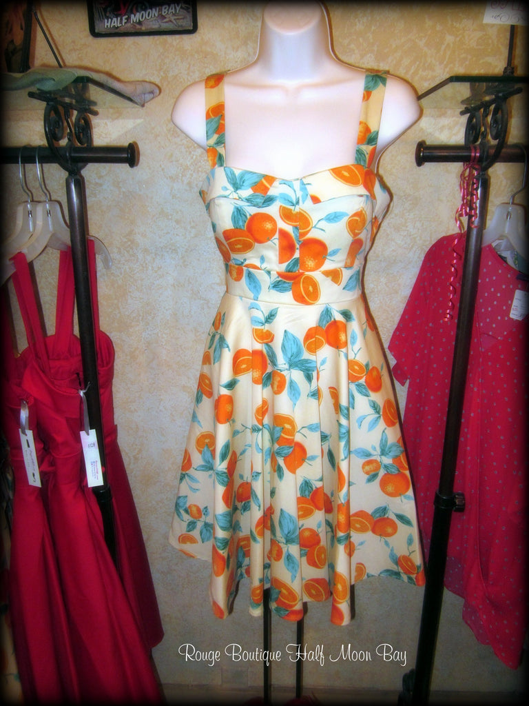Retro tie-back oranges print hostess dress